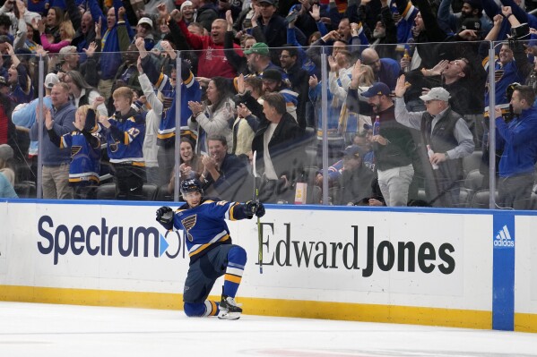 Kyrou records 3rd career hat trick Blues defeat Rangers 5 2 AP News